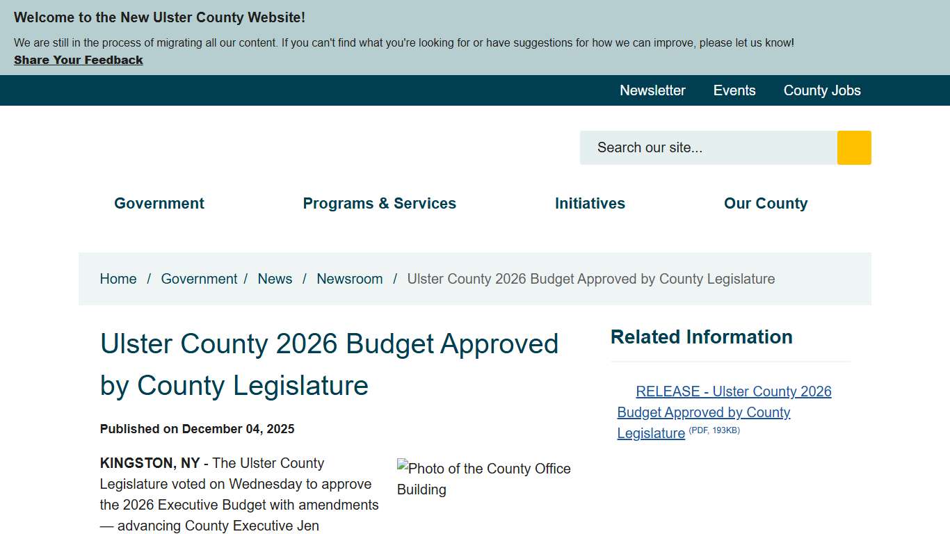 Ulster County 2026 Budget Approved by County Legislature - Ulster County