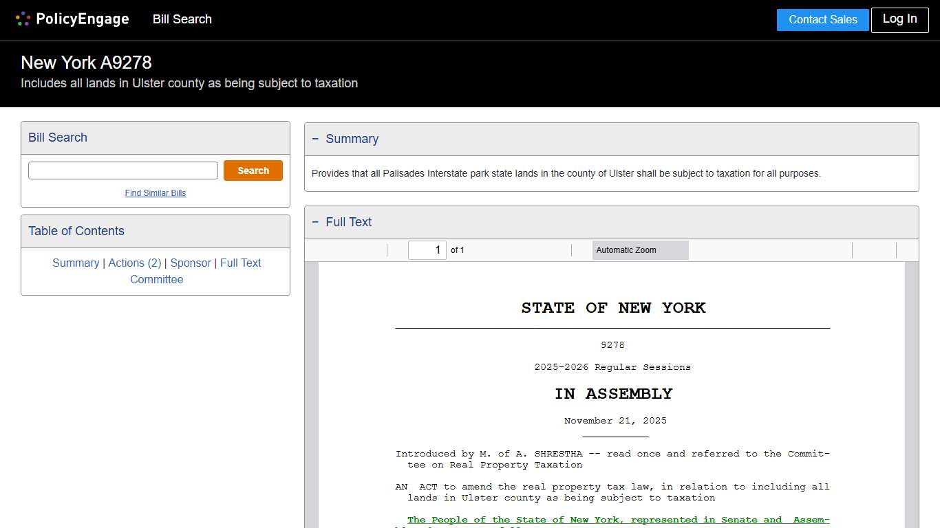 A9278 | New York 2025-2026 | Includes all lands in Ulster county as being subject to taxation - Legislative Tracking | PolicyEngage